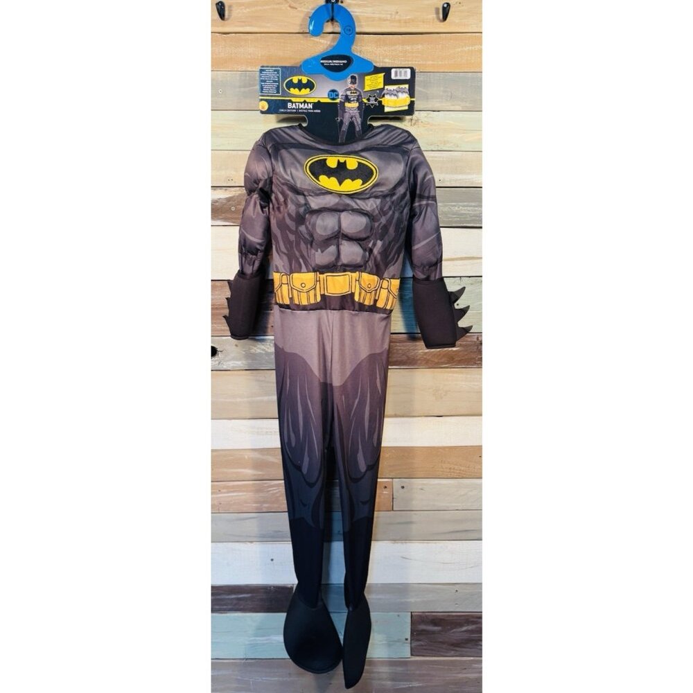 DC BATMAN Boys Jumpsuit, Cape, Mask, Boot Tops & Gloves Halloween Costume M 7-8
